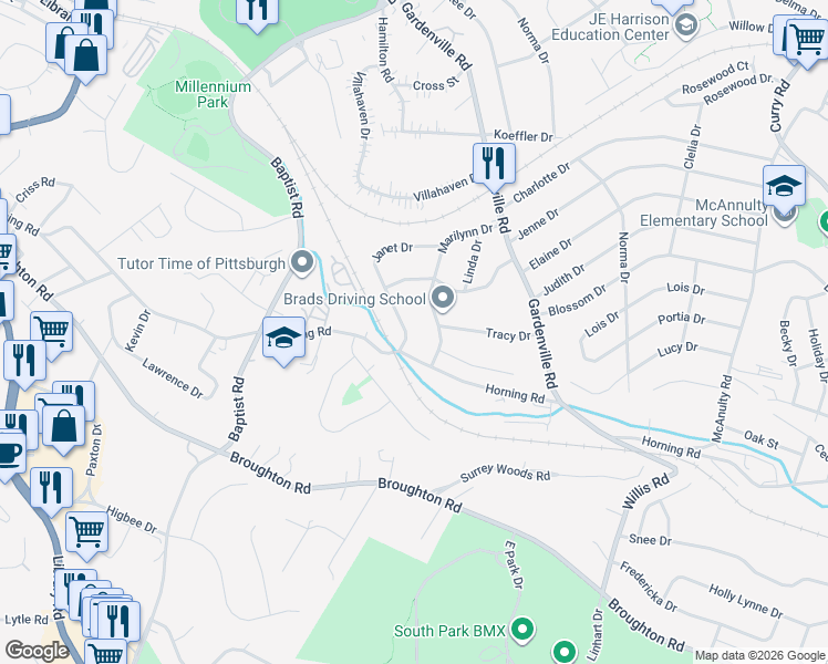 map of restaurants, bars, coffee shops, grocery stores, and more near 5670 Marilynn Drive in Pittsburgh