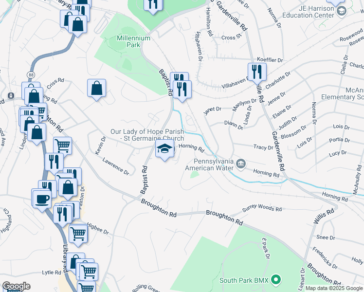 map of restaurants, bars, coffee shops, grocery stores, and more near 409 Horning Road in Pittsburgh