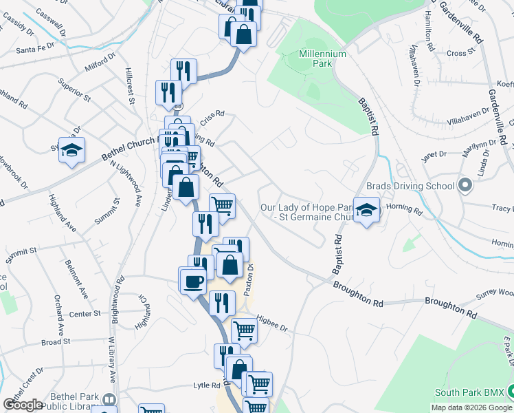 map of restaurants, bars, coffee shops, grocery stores, and more near 7015 Locust Road in Bethel Park