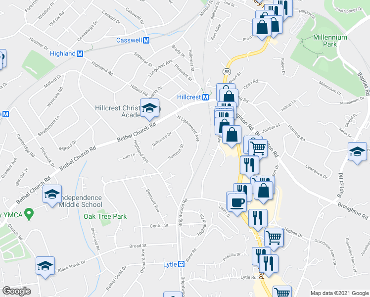 map of restaurants, bars, coffee shops, grocery stores, and more near 2500 Summit Street in Bethel Park