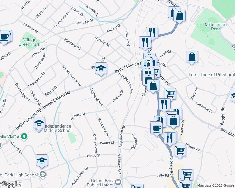 map of restaurants, bars, coffee shops, grocery stores, and more near 2500 Summit Street in Bethel Park