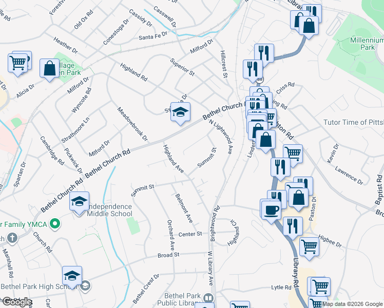 map of restaurants, bars, coffee shops, grocery stores, and more near 2493 Driftwood Drive in Bethel Park