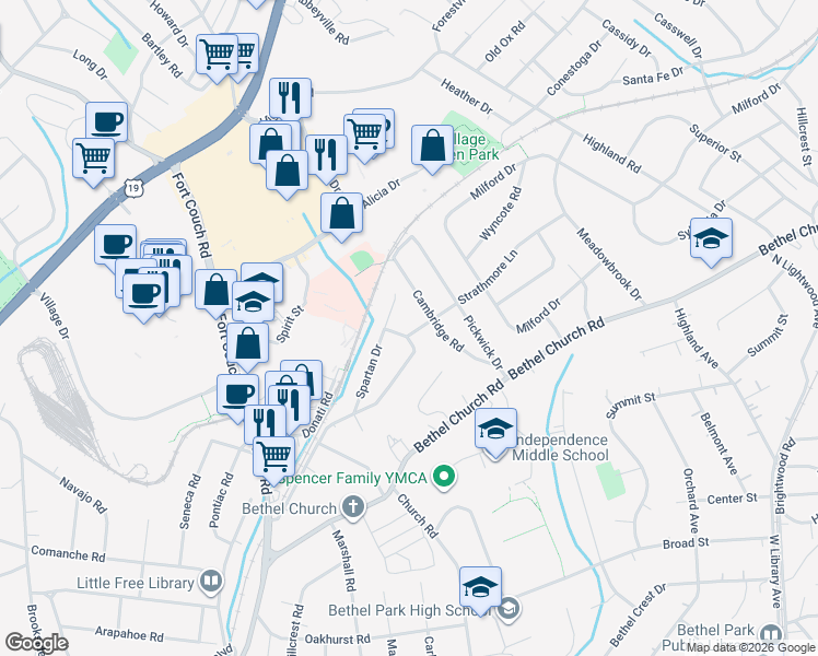 map of restaurants, bars, coffee shops, grocery stores, and more near 194 Spartan Drive in Bethel Park
