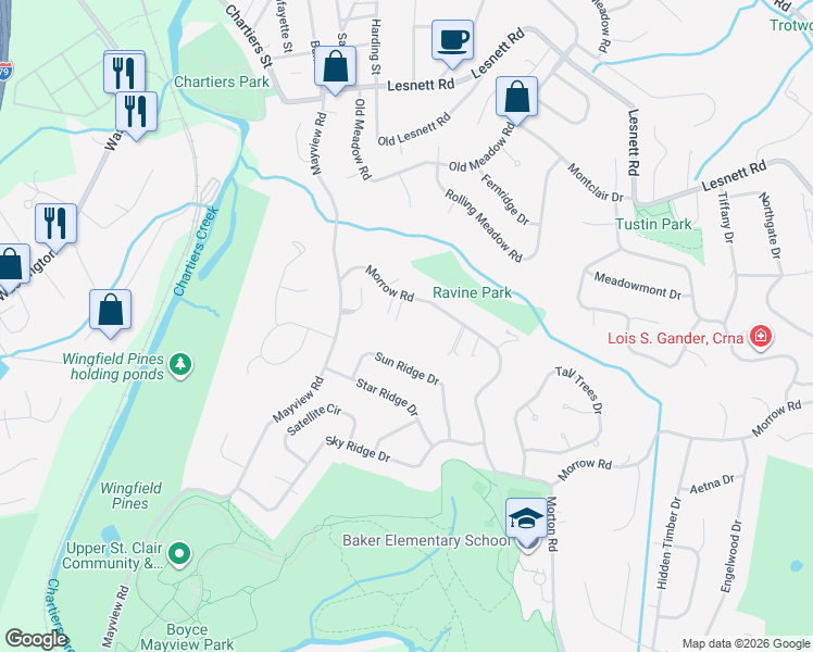 map of restaurants, bars, coffee shops, grocery stores, and more near 1242 Morrow Road in Pittsburgh