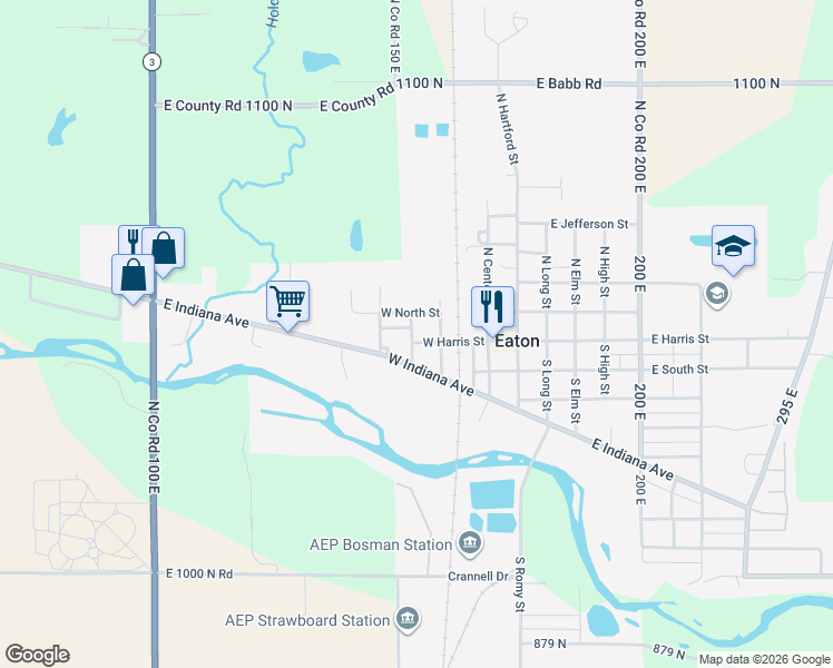 map of restaurants, bars, coffee shops, grocery stores, and more near 311 West North Street in Eaton