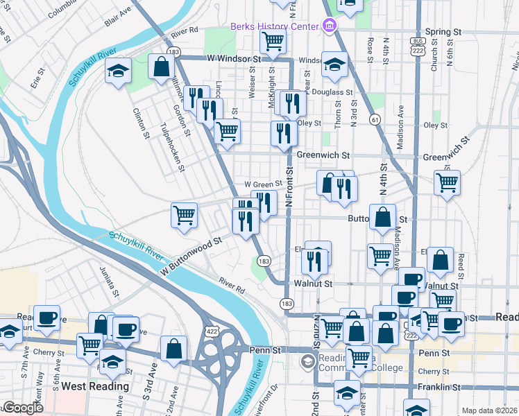map of restaurants, bars, coffee shops, grocery stores, and more near 437 Rosenthal Street in Reading