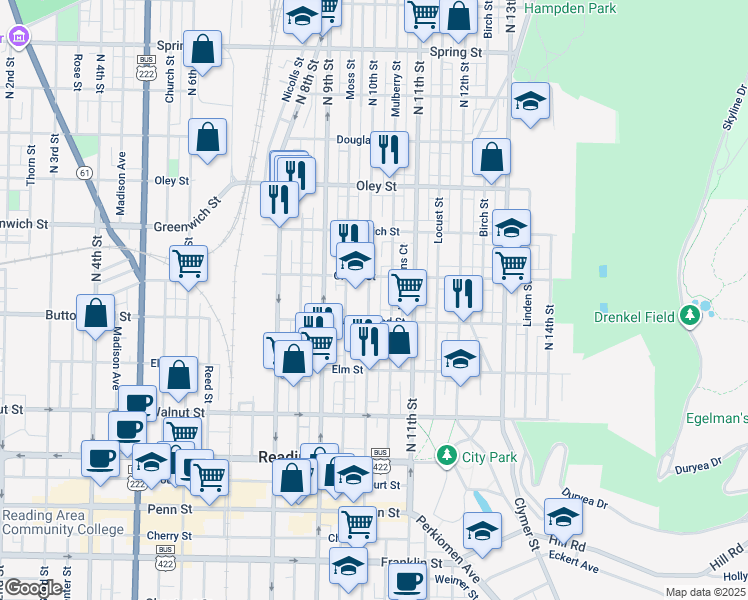 map of restaurants, bars, coffee shops, grocery stores, and more near 421 North 10th Street in Reading