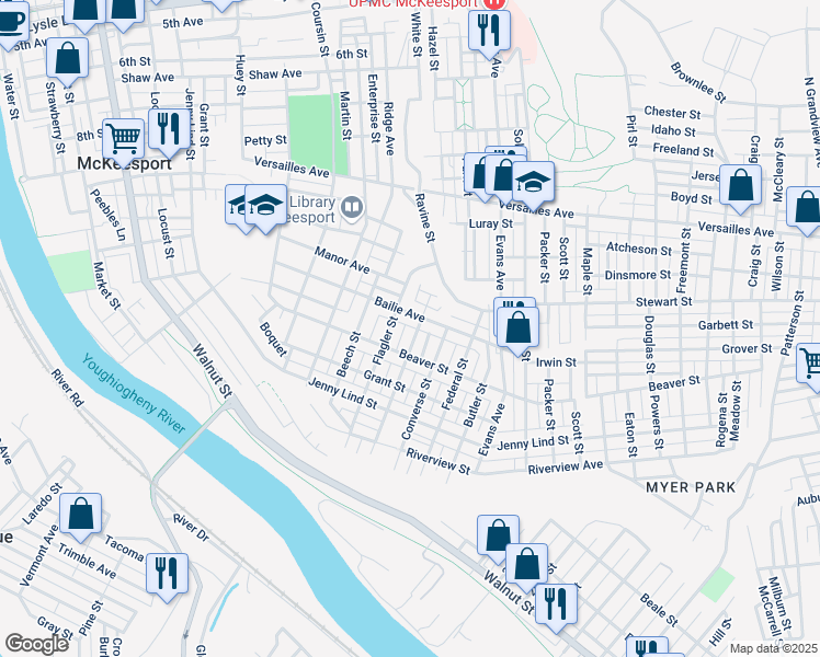 map of restaurants, bars, coffee shops, grocery stores, and more near 1817 Bailie Avenue in McKeesport