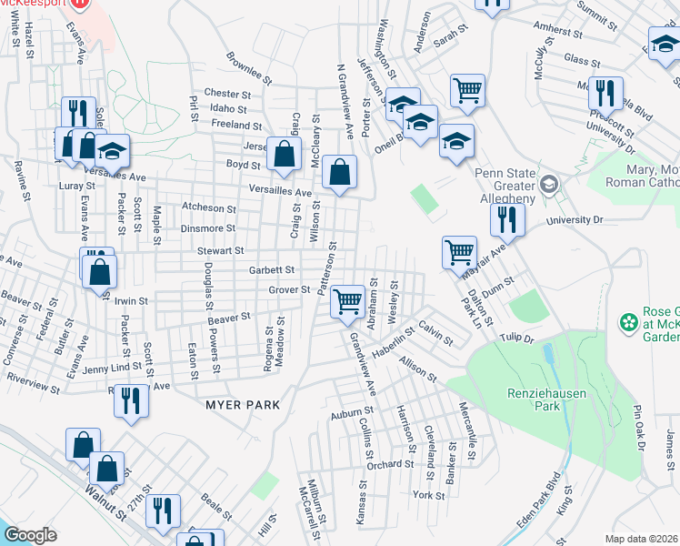 map of restaurants, bars, coffee shops, grocery stores, and more near 3412 Garbett Street in McKeesport