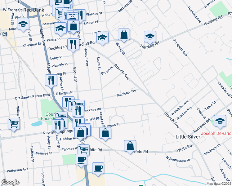 map of restaurants, bars, coffee shops, grocery stores, and more near 39 Madison Avenue in Red Bank