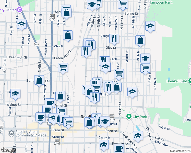 map of restaurants, bars, coffee shops, grocery stores, and more near 424 North 9th Street in Reading