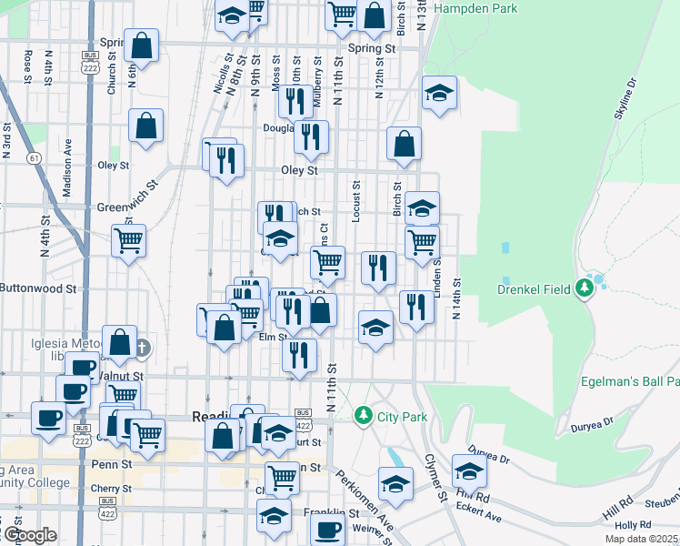 map of restaurants, bars, coffee shops, grocery stores, and more near 1130 Green Street in Reading