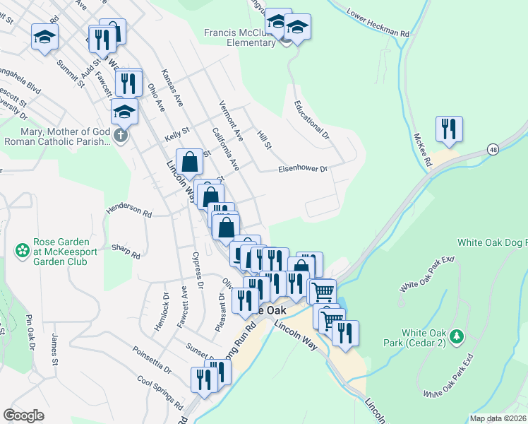 map of restaurants, bars, coffee shops, grocery stores, and more near 2005 California Avenue in White Oak