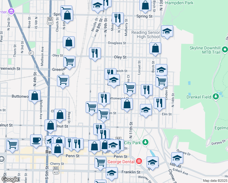 map of restaurants, bars, coffee shops, grocery stores, and more near 400 North 10th Street in Reading