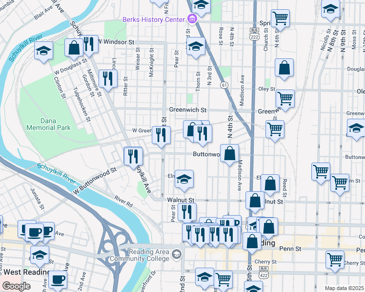 map of restaurants, bars, coffee shops, grocery stores, and more near 410 North 2nd Street in Reading