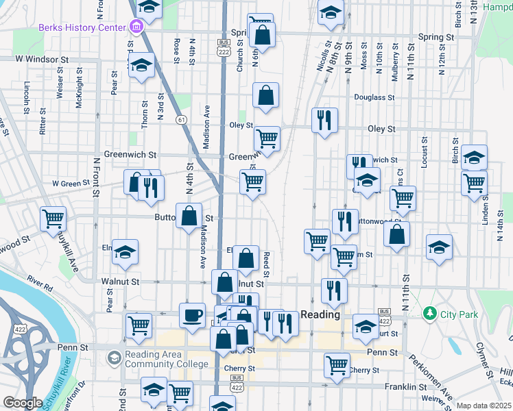 map of restaurants, bars, coffee shops, grocery stores, and more near 131 North 6th Street in Reading