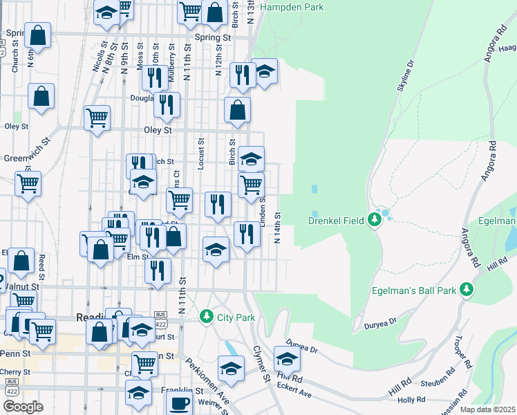 map of restaurants, bars, coffee shops, grocery stores, and more near 438 Linden Street in Reading