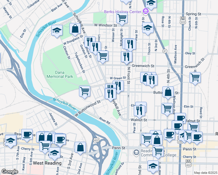 map of restaurants, bars, coffee shops, grocery stores, and more near 441 Schuylkill Avenue in Reading