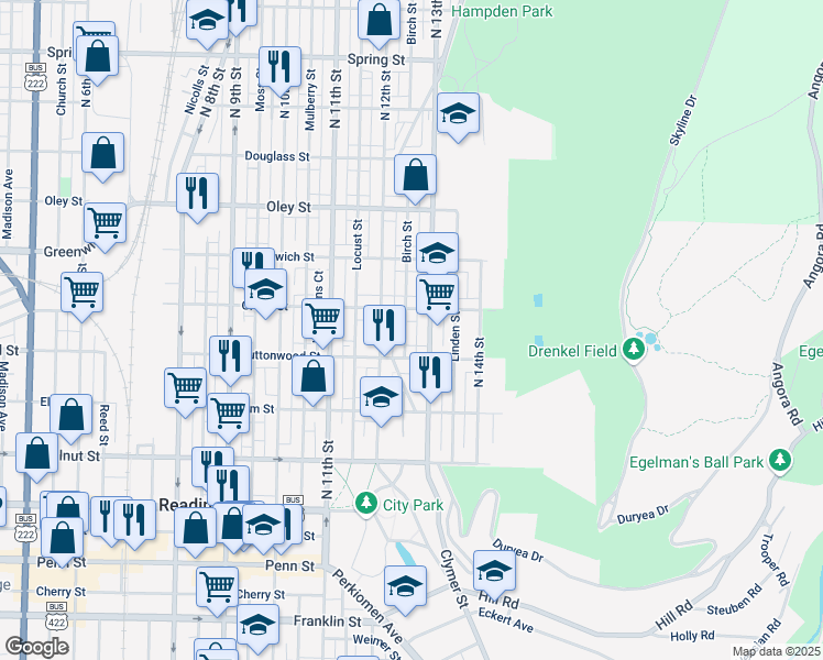 map of restaurants, bars, coffee shops, grocery stores, and more near 1210 Green Street in Reading