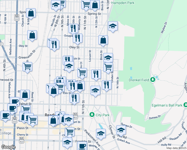 map of restaurants, bars, coffee shops, grocery stores, and more near 1130 Green Street in Reading
