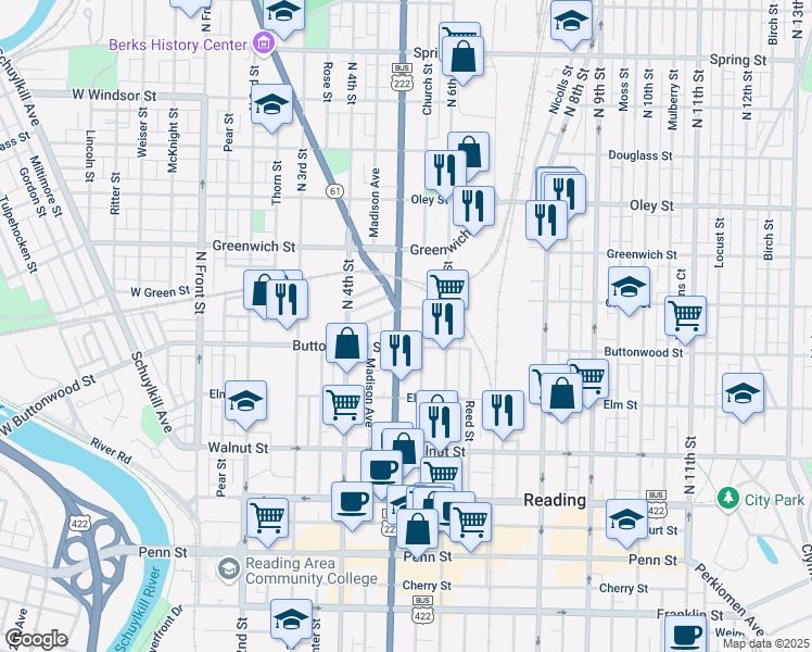 map of restaurants, bars, coffee shops, grocery stores, and more near 526 Woodward Street in Reading