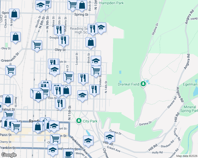 map of restaurants, bars, coffee shops, grocery stores, and more near 457 North 13th Street in Reading