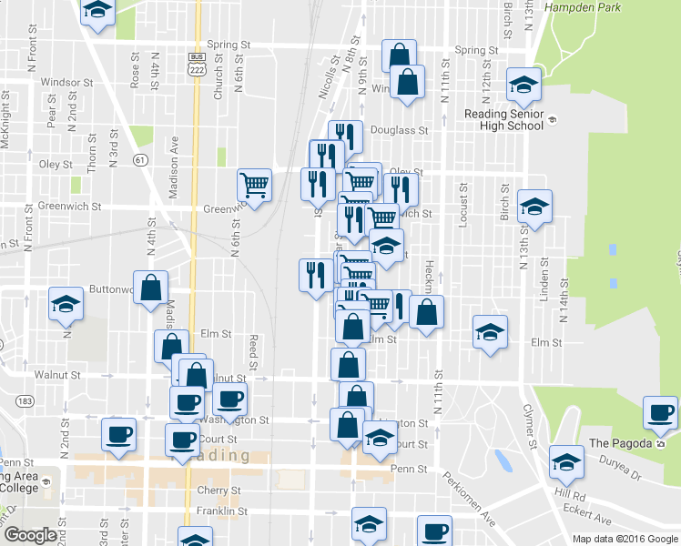 map of restaurants, bars, coffee shops, grocery stores, and more near 439 Ecks Court in Reading