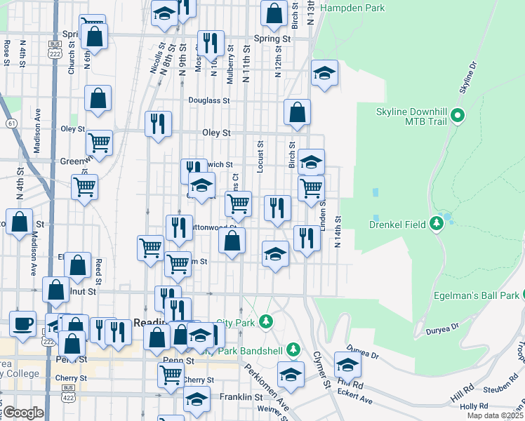 map of restaurants, bars, coffee shops, grocery stores, and more near 1130 Green Street in Reading