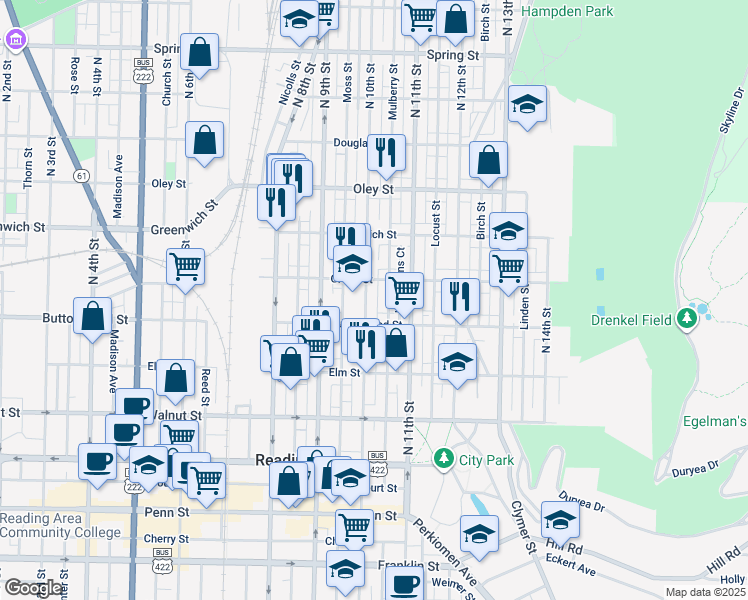map of restaurants, bars, coffee shops, grocery stores, and more near 435 North 10th Street in Reading