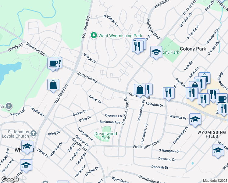 map of restaurants, bars, coffee shops, grocery stores, and more near 156 Hawthorne Court in Wyomissing