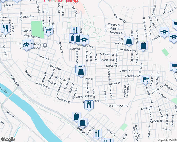 map of restaurants, bars, coffee shops, grocery stores, and more near 1507 Soles Street in McKeesport