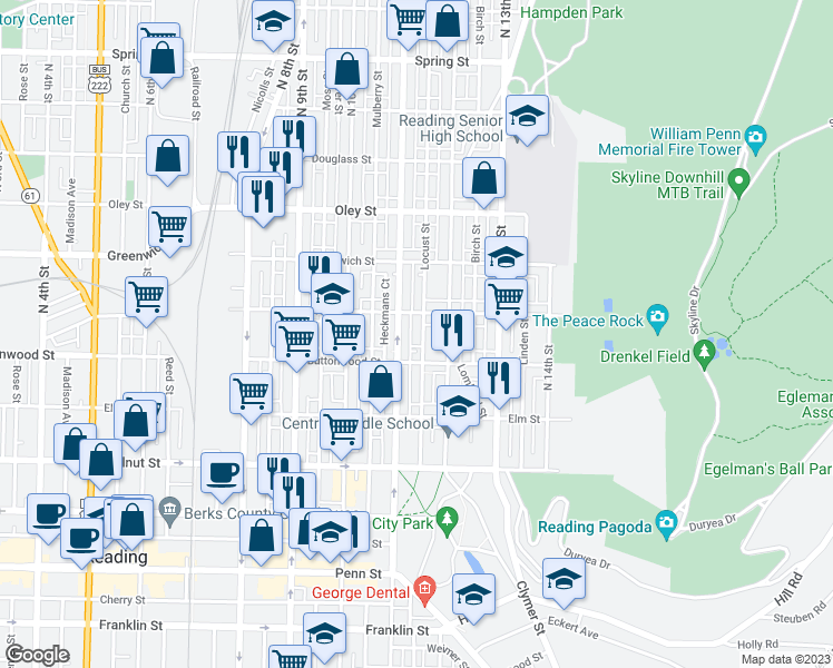 map of restaurants, bars, coffee shops, grocery stores, and more near 1130 Green Street in Reading