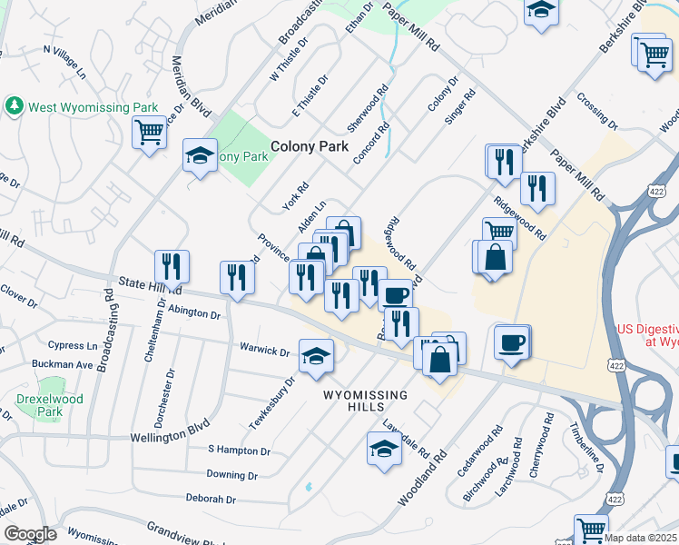map of restaurants, bars, coffee shops, grocery stores, and more near 1167 Berkshire Boulevard in Wyomissing