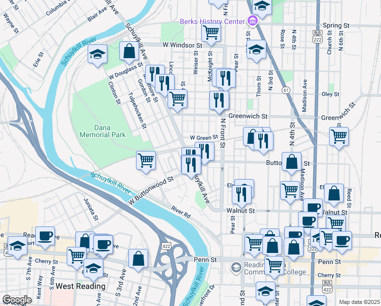 map of restaurants, bars, coffee shops, grocery stores, and more near 441 Schuylkill Avenue in Reading