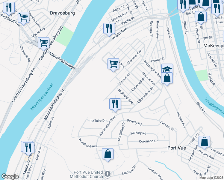 map of restaurants, bars, coffee shops, grocery stores, and more near 1012 Upston Street in McKeesport
