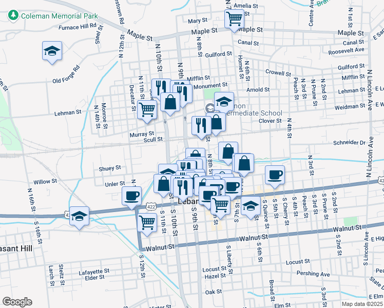 map of restaurants, bars, coffee shops, grocery stores, and more near 218 North 9th Street in Lebanon