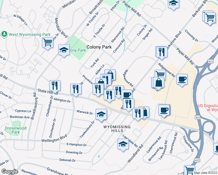map of restaurants, bars, coffee shops, grocery stores, and more near 1167 Berkshire Boulevard in Wyomissing