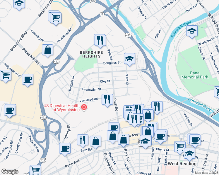 map of restaurants, bars, coffee shops, grocery stores, and more near 523 East Greenwich Street in Wyomissing