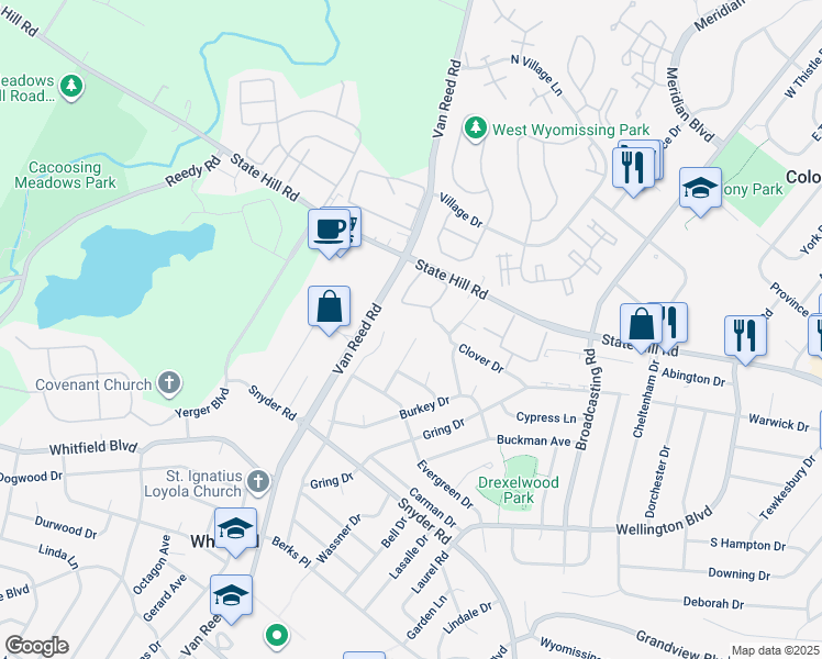 map of restaurants, bars, coffee shops, grocery stores, and more near 19 Kevin Court in Wyomissing