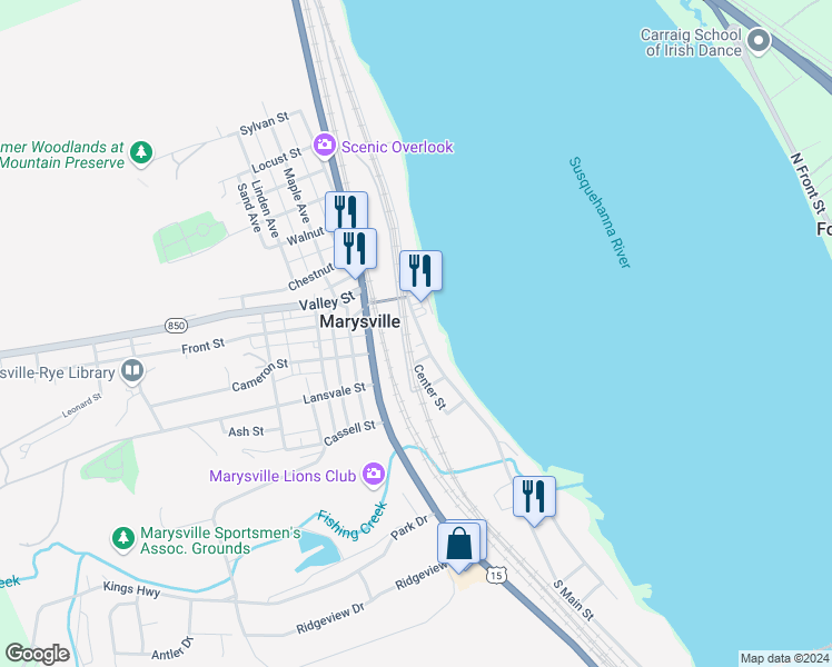 map of restaurants, bars, coffee shops, grocery stores, and more near 18 South Main Street in Marysville
