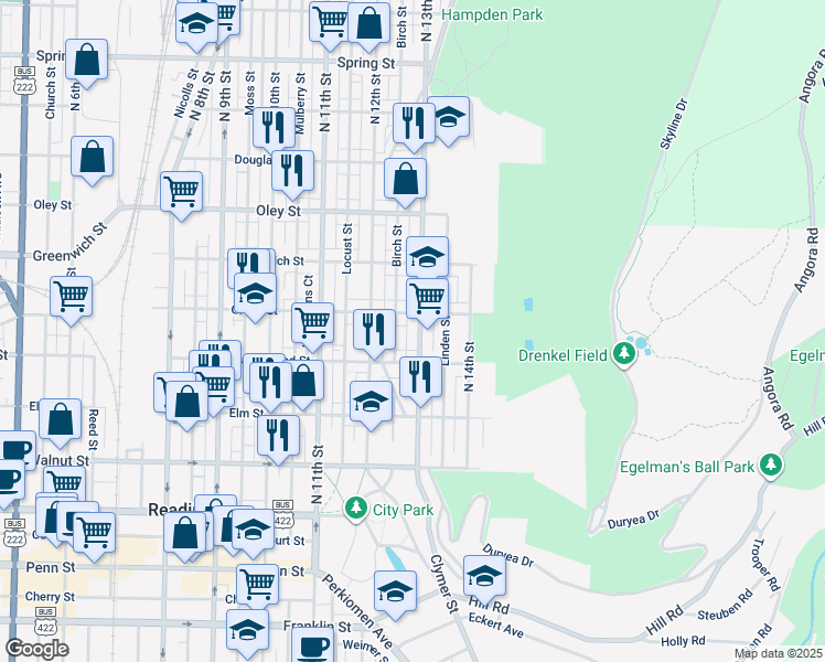 map of restaurants, bars, coffee shops, grocery stores, and more near 434 North 13th Street in Reading