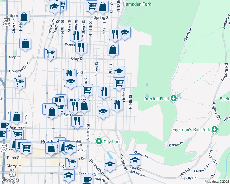 map of restaurants, bars, coffee shops, grocery stores, and more near 434 North 13th Street in Reading
