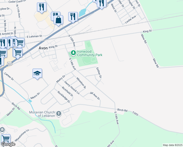 map of restaurants, bars, coffee shops, grocery stores, and more near 1414 Warren Drive in Lebanon