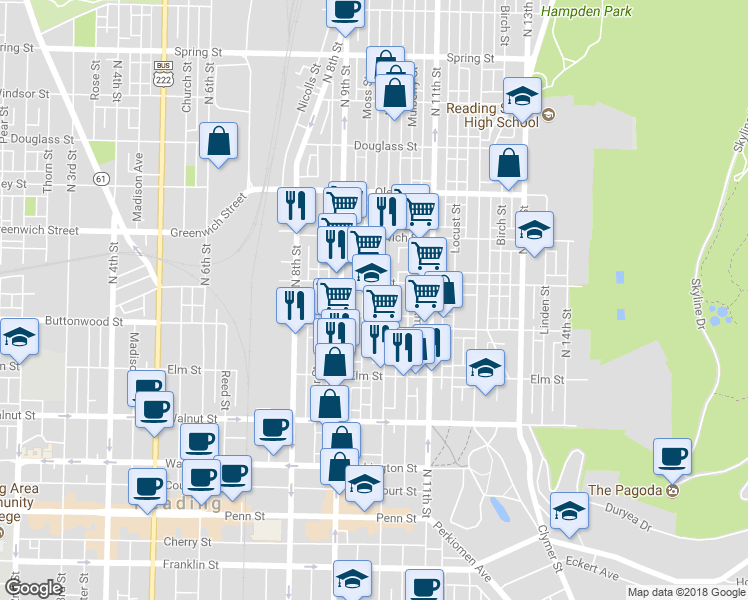 map of restaurants, bars, coffee shops, grocery stores, and more near 400 North 10th Street in Reading