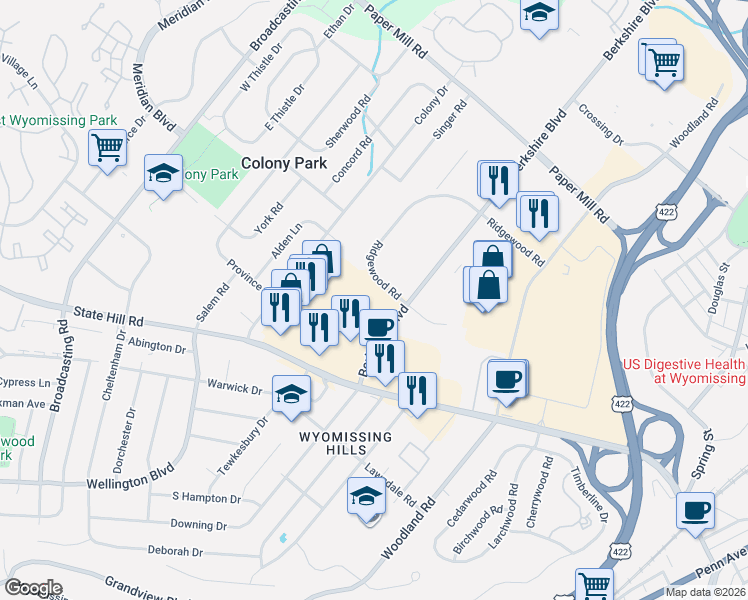 map of restaurants, bars, coffee shops, grocery stores, and more near 1135 Berkshire Boulevard in Wyomissing