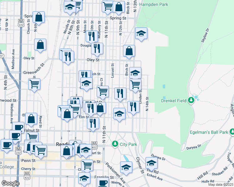 map of restaurants, bars, coffee shops, grocery stores, and more near 440 North 12th Street in Reading