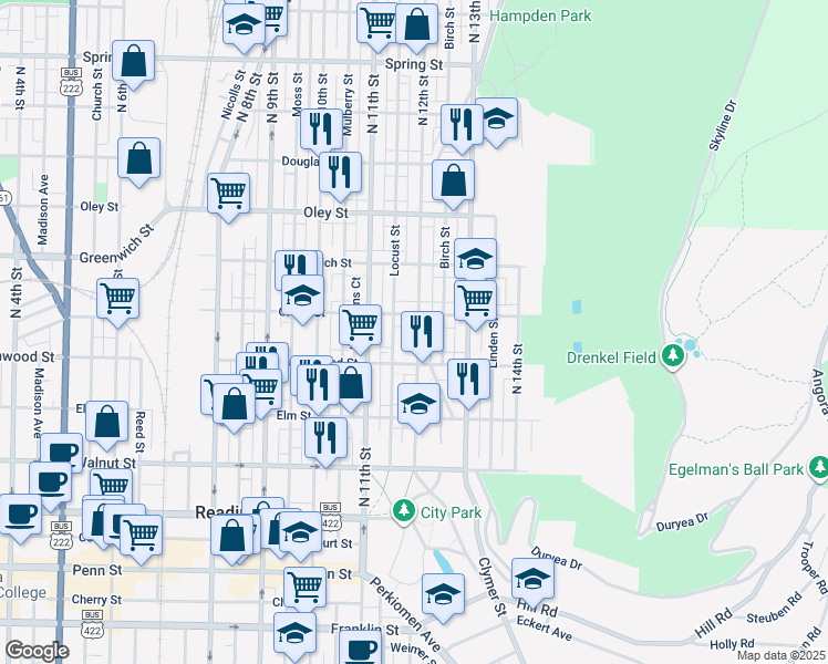 map of restaurants, bars, coffee shops, grocery stores, and more near 440 North 12th Street in Reading