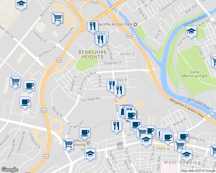map of restaurants, bars, coffee shops, grocery stores, and more near 523 East Greenwich Street in Wyomissing