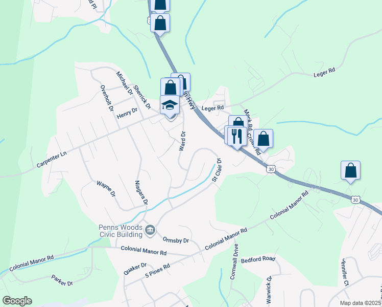 map of restaurants, bars, coffee shops, grocery stores, and more near 13280 Saint Clair Drive in Irwin