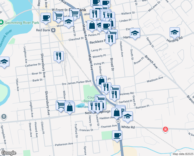 map of restaurants, bars, coffee shops, grocery stores, and more near 222 East Bergen Place in Red Bank
